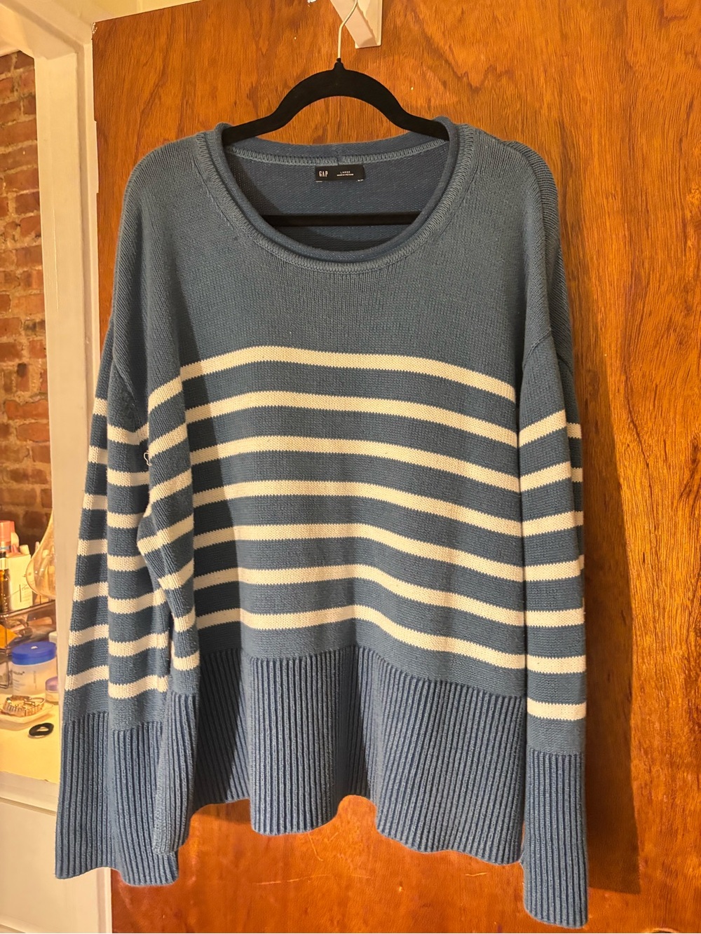 GAP Blue and White Striped Scoop-Neck Sweater